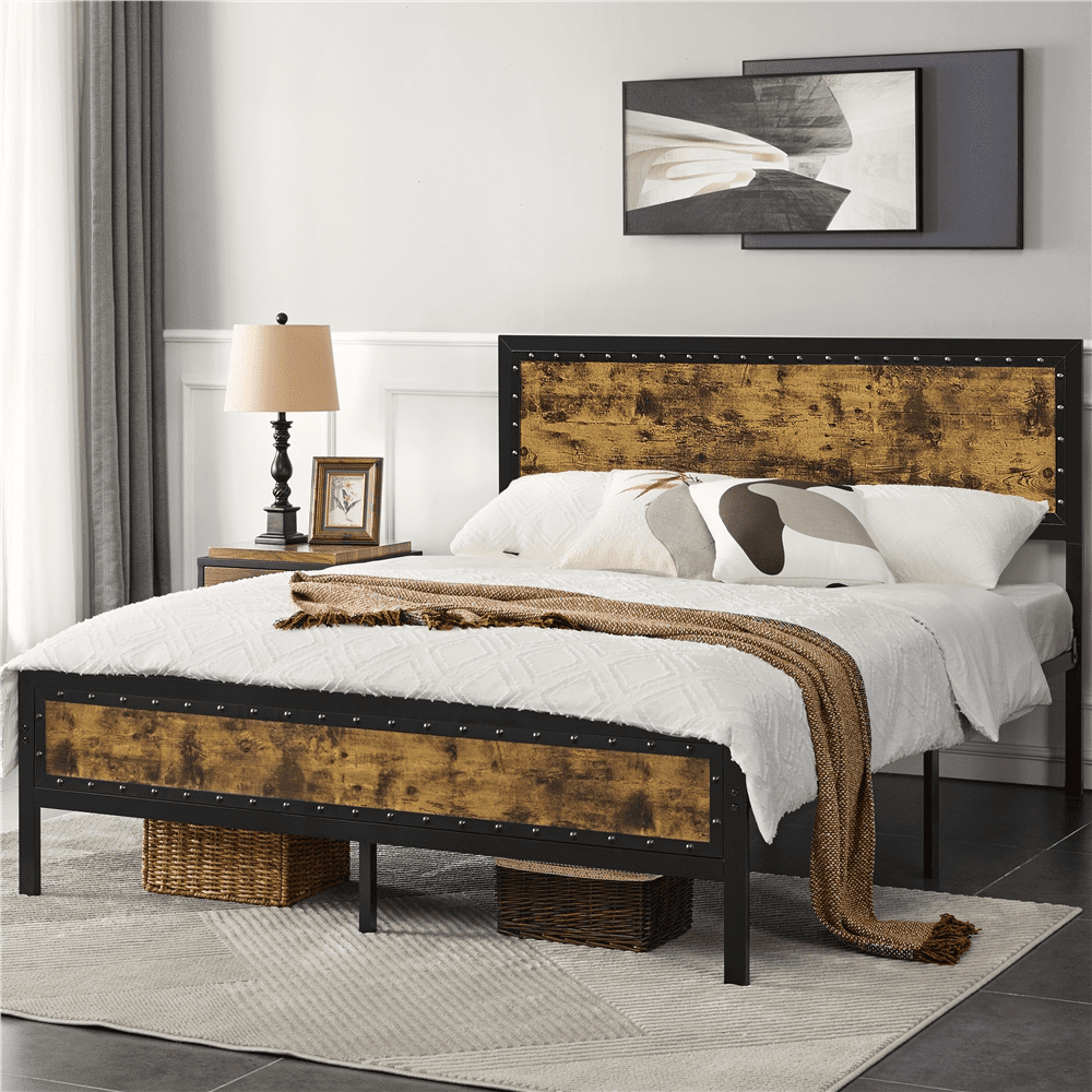 Topeakmart Industrial Metal Bed Frame with Wooden Headboard and