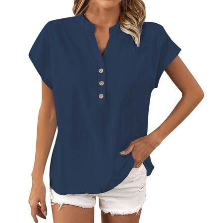 ZJXFGS Linen Shirts Women formal Blouses for Women Women Blouse Short Sleeve Womens Button Down Blouse Blue S