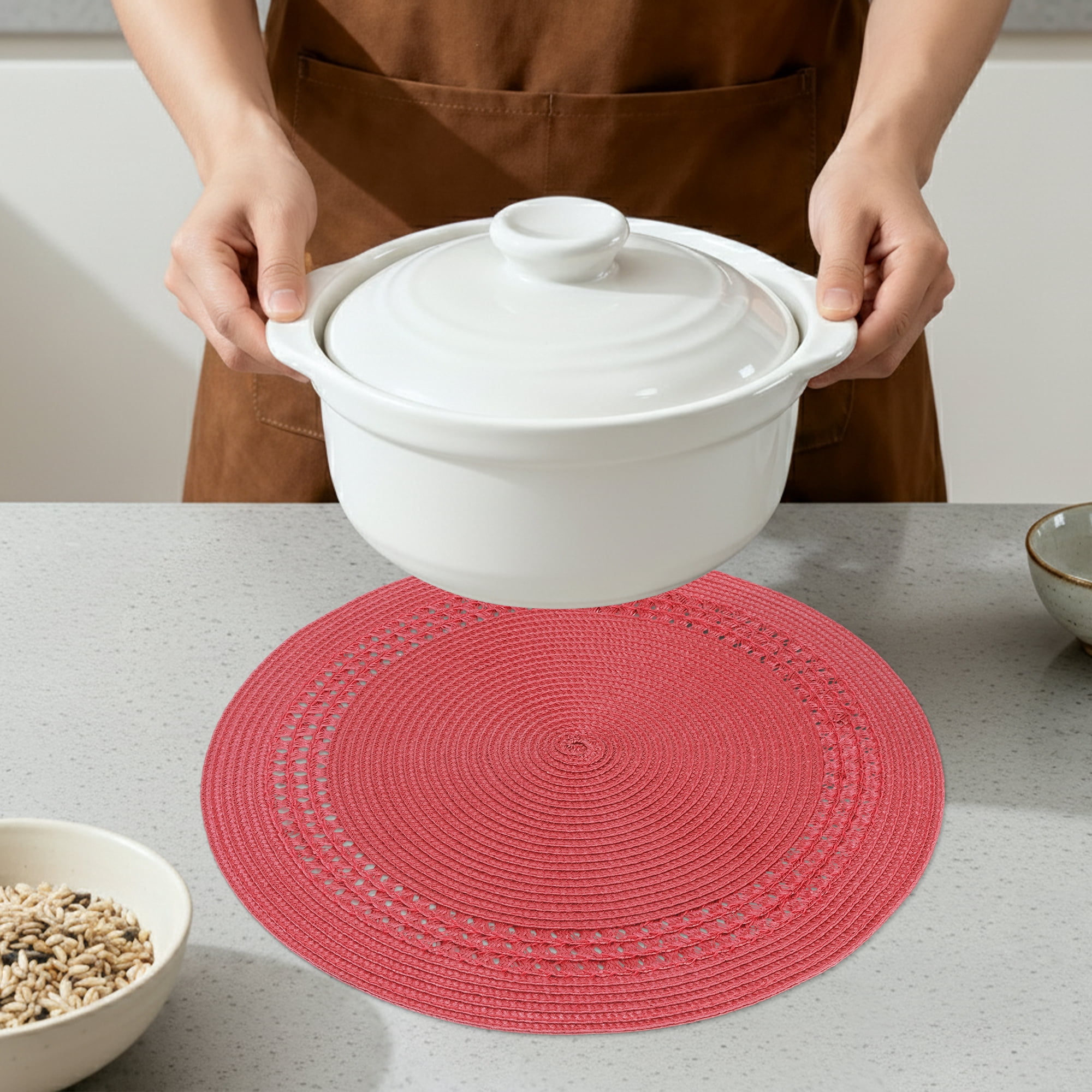 Unique Bargains Farmhouse Round Placemats Set of 6 Woven Placemats Red