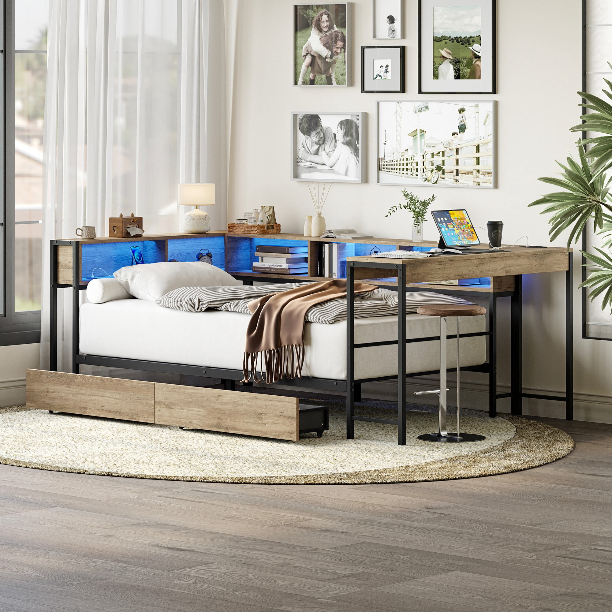 AENKYO Queen Size Corner Daybed with Desk & Storage Headboard, LED Lights, Power Outlets & Drawers, Gray