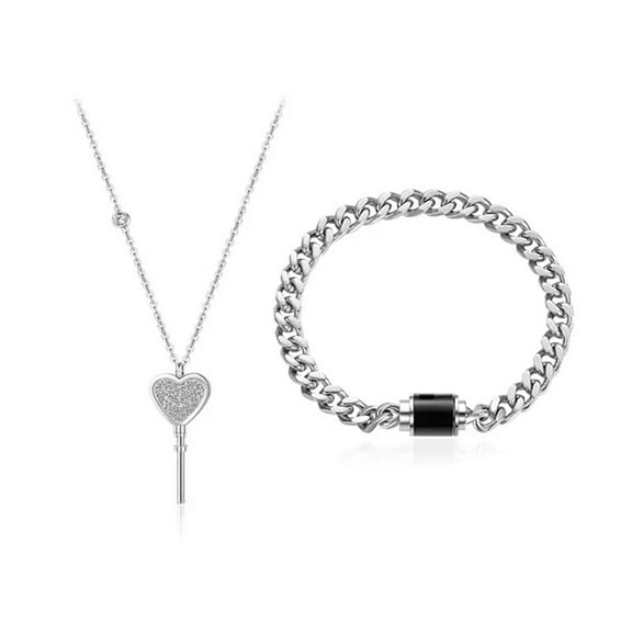 2pcs Heart Key Pendant Necklace Stainless Steel Lock Fashion Couple Necklace Jewelry for Women Men