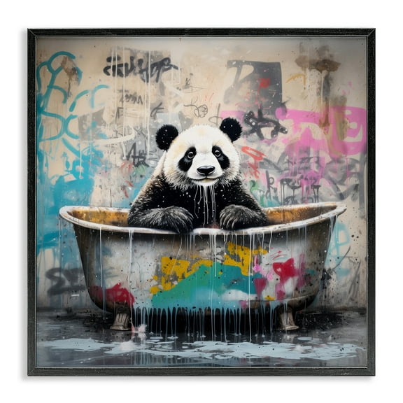 Stupell Industries Graffiti Bathing Panda Typography Painting Black Framed Art Print Wall Art, 12 x 12
