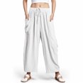 thumbnail image 2 of vigerkar Women's Summer Wide Leg Capri Pants Casual Loose FitcTrousers Drawstring Elastic Waist Pants White, L, 2 of 8