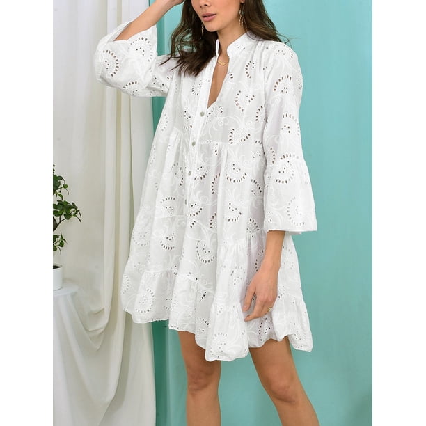 Baby Sweetie Women Lace Loose Dress Eyelet Hollow Out Long Sleeve Front  Button V-Neck Embroidery Midi Dress for Party - Walmart Business Supplies