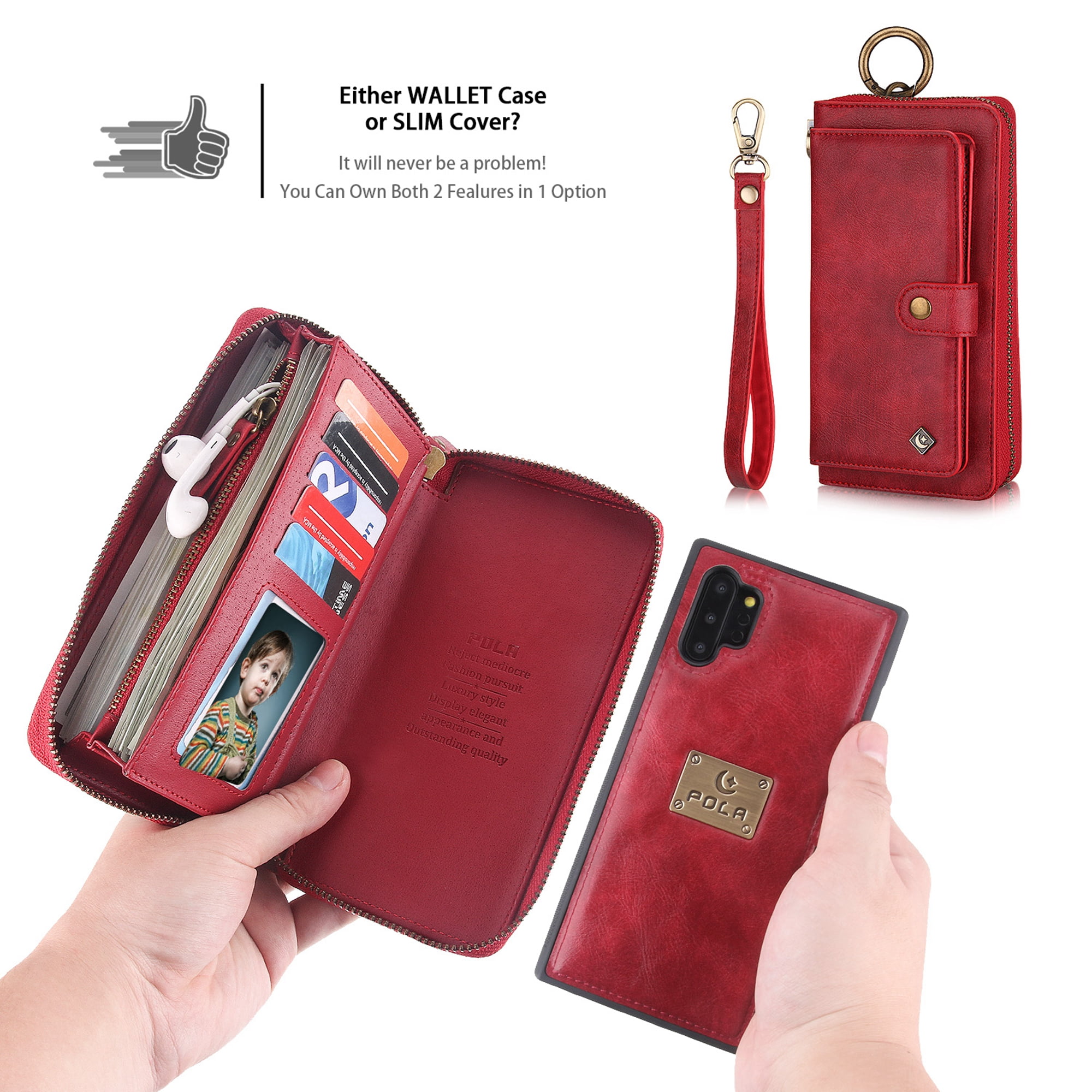 Samsung Galaxy Note 10 Plus Wallet Detachable Case, Dteck Zipper Purse Phone Case Multi-functional Folio Flip Leather Removable Magnetic Back Cover For Samsung Galaxy Note10+, Red