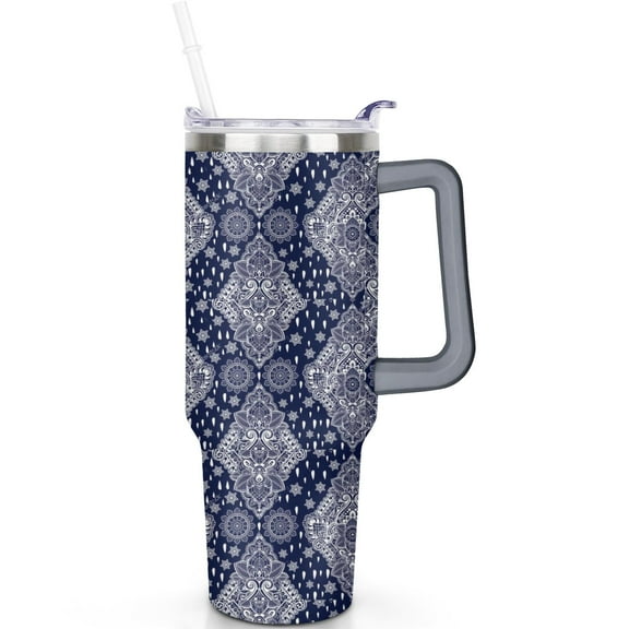40oz Boho Tumbler with Handle and Spill Proof Lid | Bohemia Theme 40 oz Tumbler | Straw | Double Insulated Travel Coffee Cup | Boho Gifts