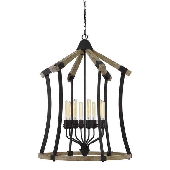 Cal Lighting Dali 8-Light Pine Wood & Metal Chandelier in Light Oak/Iron Black
