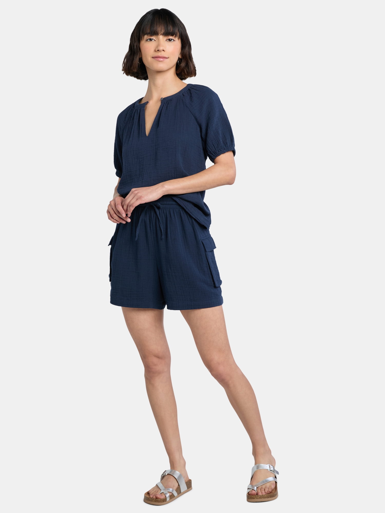 Time and Tru Women's Double Cloth Cotton Top with Short Sleeves, Sizes XS-XXXL