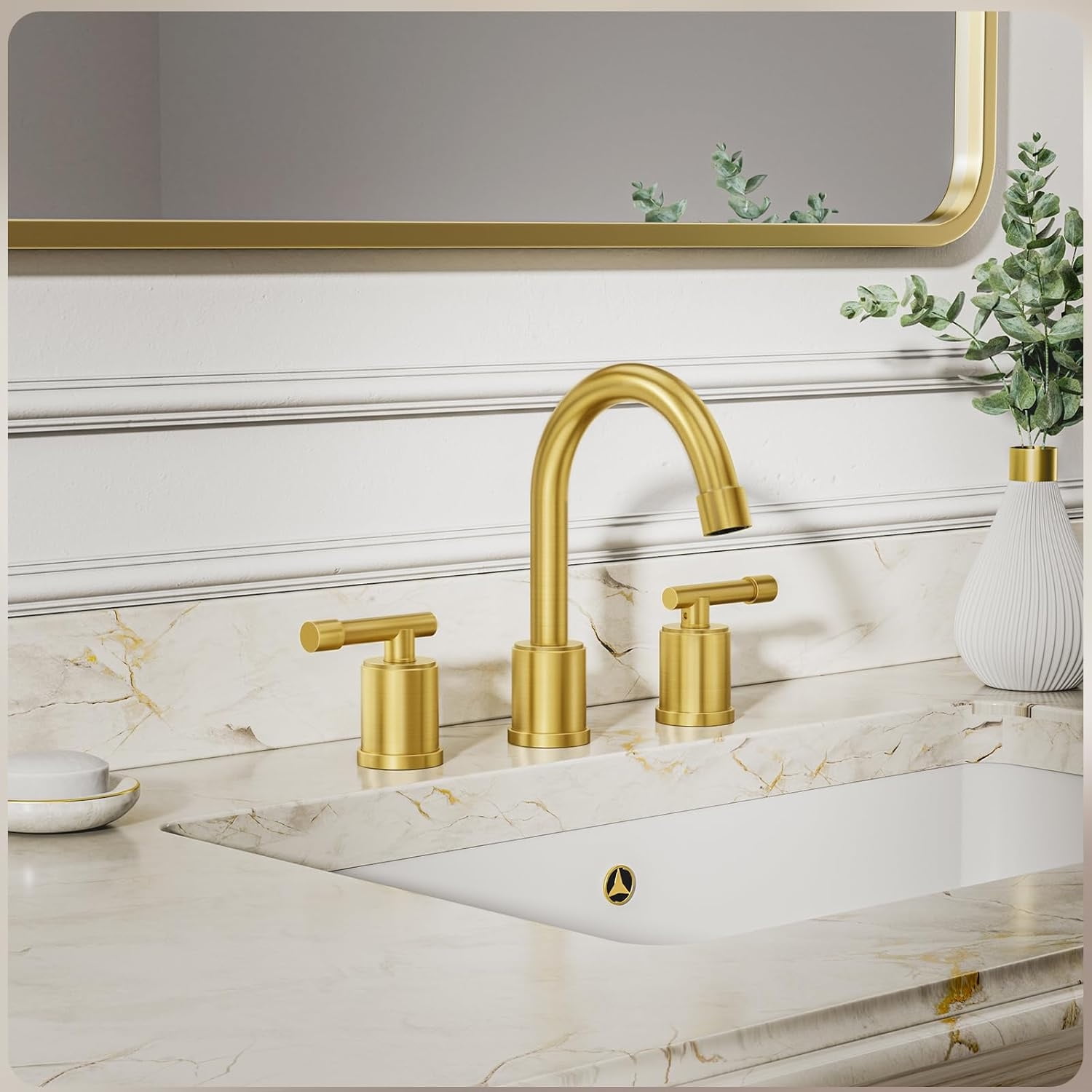 Brushed Gold Widespread 8 Inch Bathroom Faucet，3 Holes 2 Handles Modern Bathroom Sink Faucet with Metal Pop-Up Drain & Water Supply Line,WFZY01-BG