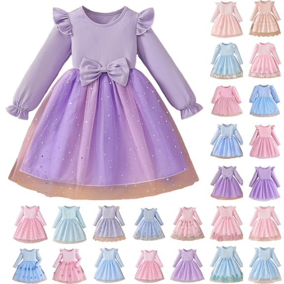 Gytharion Kids Flower Girl Dresses 3-10 Years, Stylish Bowknot Star Sequins Tulle Tutu Dress Toddler Girls Flowy A-Line Swing Party Dress Cute Long Sleeve Princess Dress with Flutter Sleeves