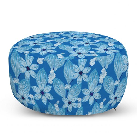 Floral Pouf Cover with Zipper, Botanical Top View of Flower Petals Blossoming in Monochrome Style, Soft Decorative Fabric Unstuffed Case, 30" W X 17.3" L, Azure Blue Pale Blue, by Ambesonne