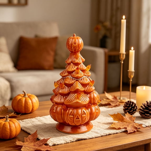 Orange Pumpkin Stack Tree Light, Fall Harvest Glowing Lantern Figurine, Autumn Tabletop Decor for Thanksgiving & Halloween Home