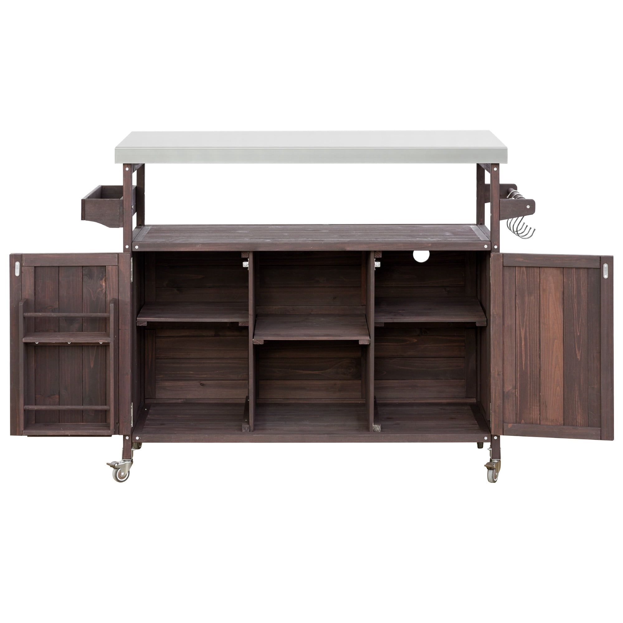 Aukfa Solid Fir Wood Outdoor Kitchen Island with Stainless Steel Top, Rolling BBQ Grill Cart with Storage Cabinet,Dark Brown