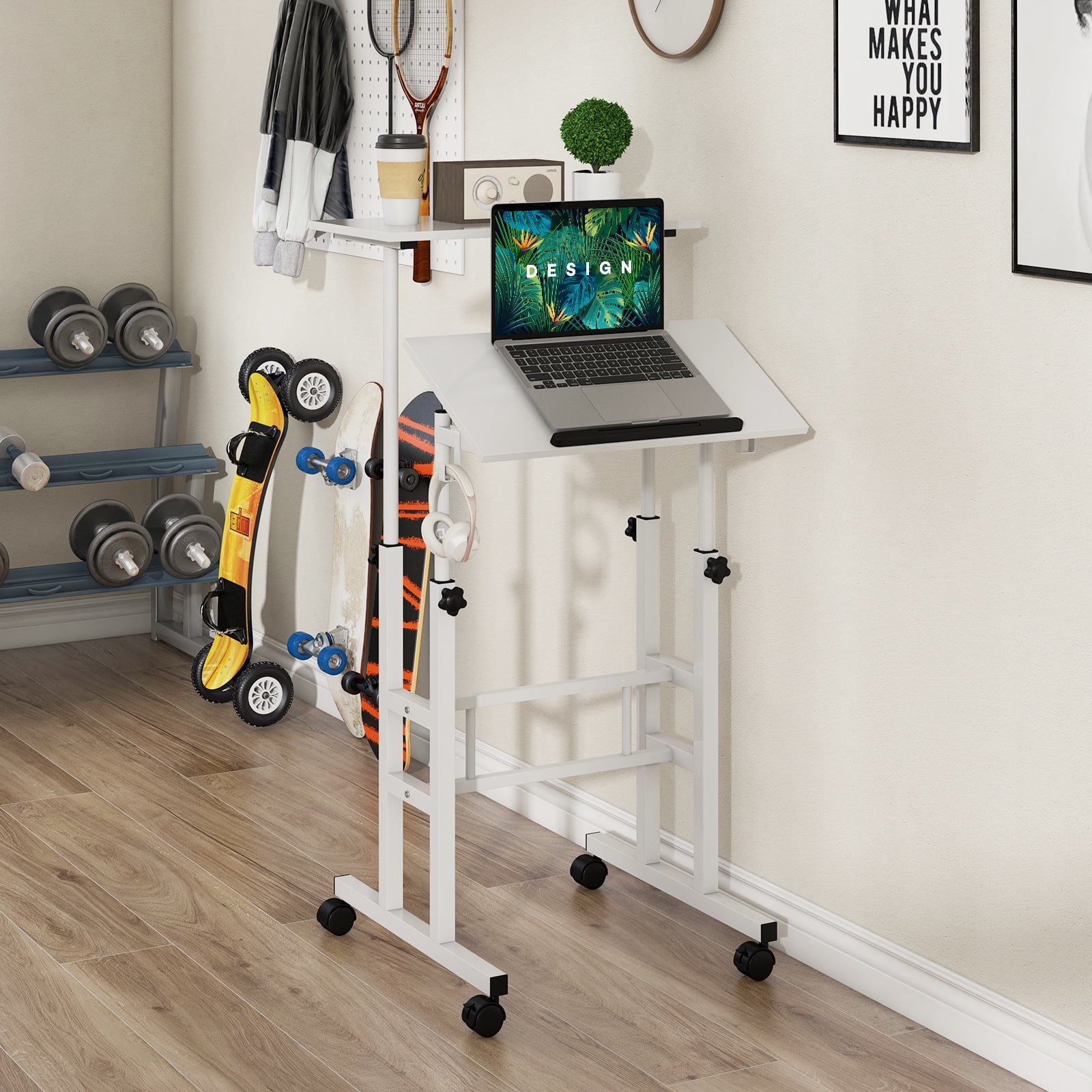 Giantex Mobile Standing Desk, Height Adjustable Sit to Stand Desk, Portable Laptop Desk, 2-Tier Computer Workstation for Home Office, White