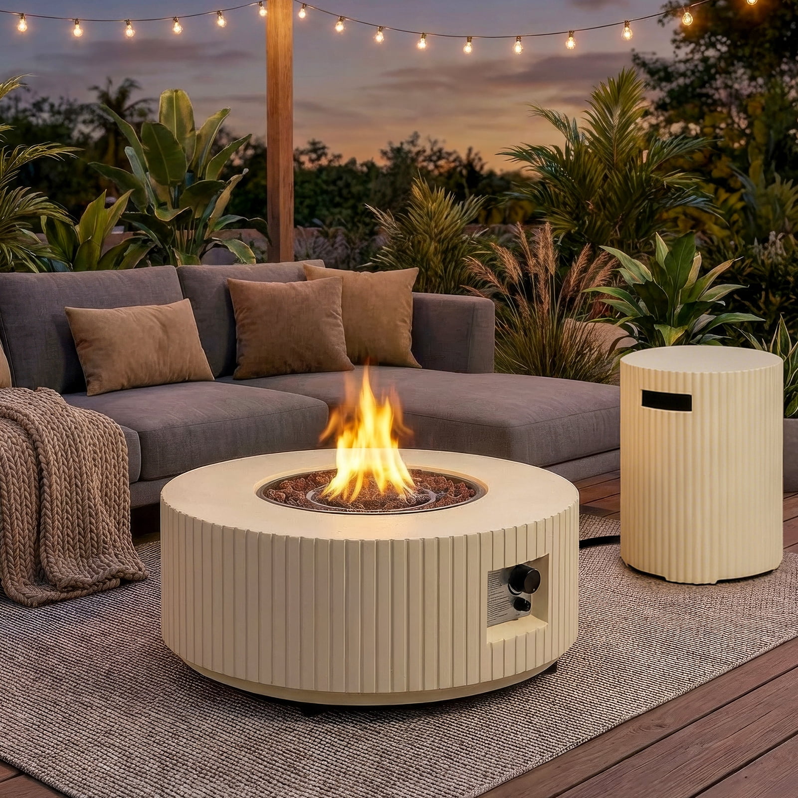 ReeQuo 36” Propane Fire Pit Table Outdoor Gas Fire pits with Tank Cover & Lid, 50,000 BTU Round Concrete Fire Table