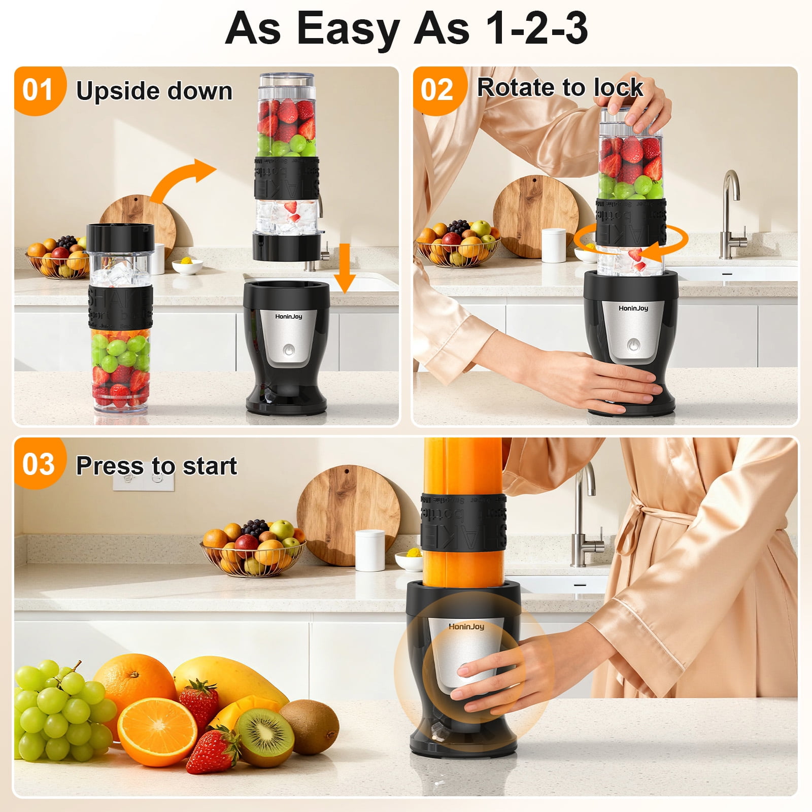 HoninJoy Portable Blender, Compact Personal Blender for-Smoothies, Shakes, Food Prep, and Frozen Blending, 20-oz. Cups and Spout Lids, Grinding Cup