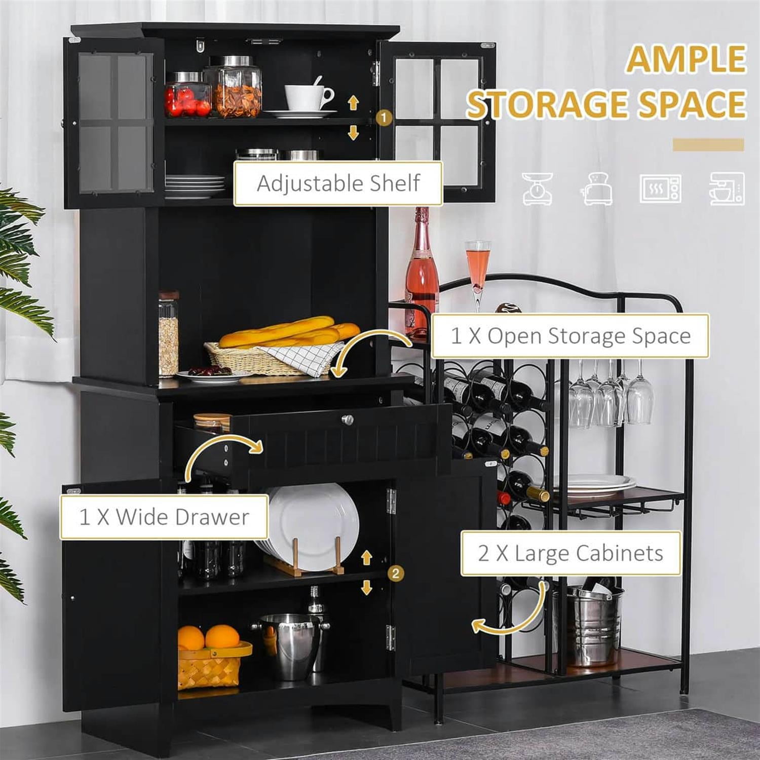 Demi Bonn 64" Modern Buffet Hutch, Kitchen Pantry Storage Cabinet with Glass Door & Drawer, Microwave Compartment for Dining Room, Home Storage, Black