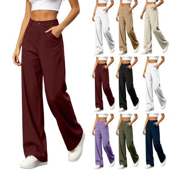 Smsaxvxz Womens Wide Leg Dress Pants High Waisted Business Casual Trousers with Pockets Wine S