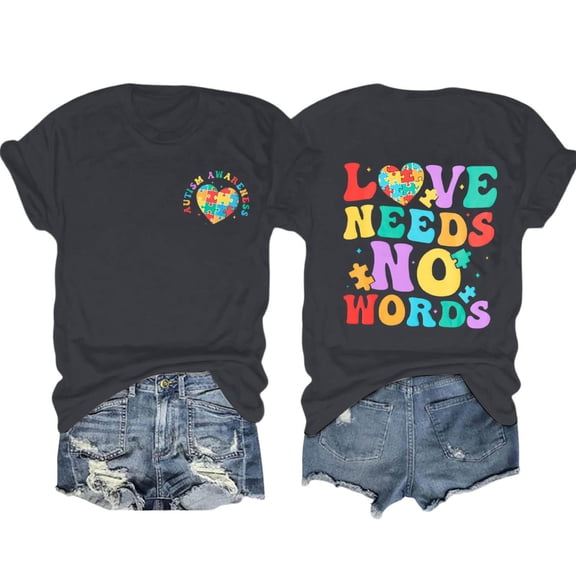 Women'S Fashion Print Short Sleeve Round Neck Tee, Blue Autism Awareness Casual Daily Wear Soft Comfortable T-Shirt