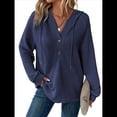 thumbnail image 3 of Sudadera con Capucha para Mujer, de Punto Gofre, Larga, Cordón Ajustable, Botones, Cuello en V, Informal, con Capucha Azul Marino L, 3 of 8