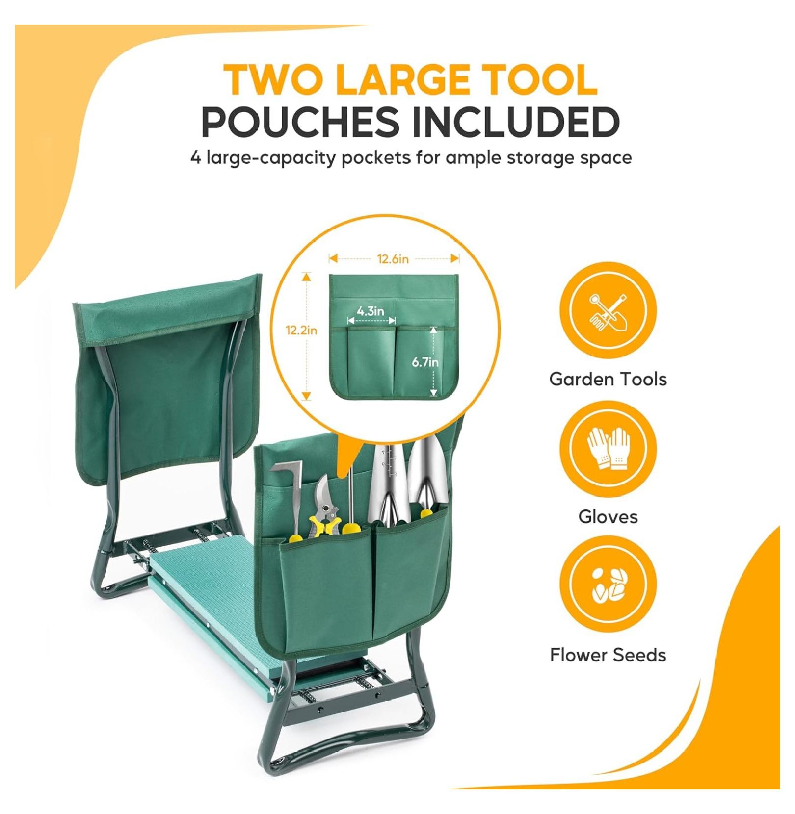 Garden Kneeler and Seat, Foldable Gardening Stool with Tool Pouch - Heavy Duty Kneeling Pad for Outdoor Work, Fishing, Arbor Day Gift - Green