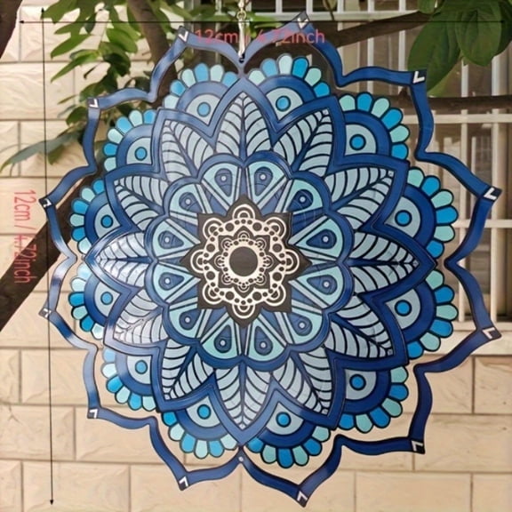HELLOYOUNG  Mandala Wind Chime Wall Art - Handcrafted Teal & Blue Metal Garden Decor with Geometric Patterns Indoor/Outdoor Hanging Ornament, Unique Gift for Home, Patio, or Zen Spaces.Wind chime