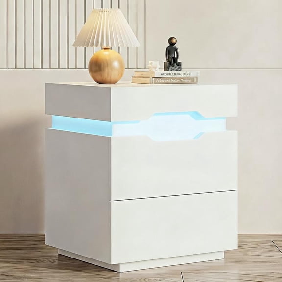Lacoo Modern End Table with LED Lights & Charging Station, White Nightstand with 2 Drawers & Upper Storage for Living Room Bedroom, 2 Drawer
