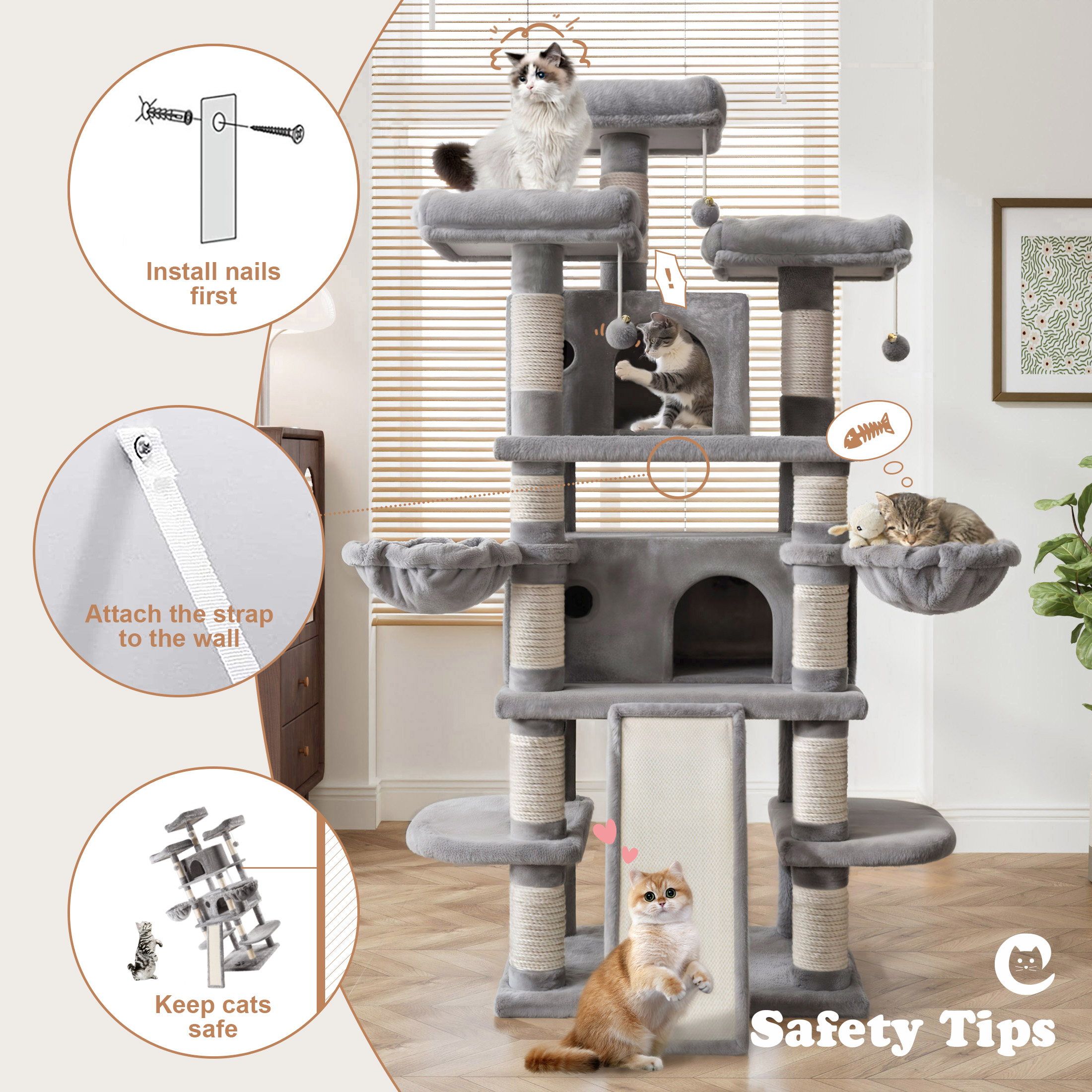 Amolife 68" X-Large Cat Tree with Scratching Board and Posts, Gray photo 4
