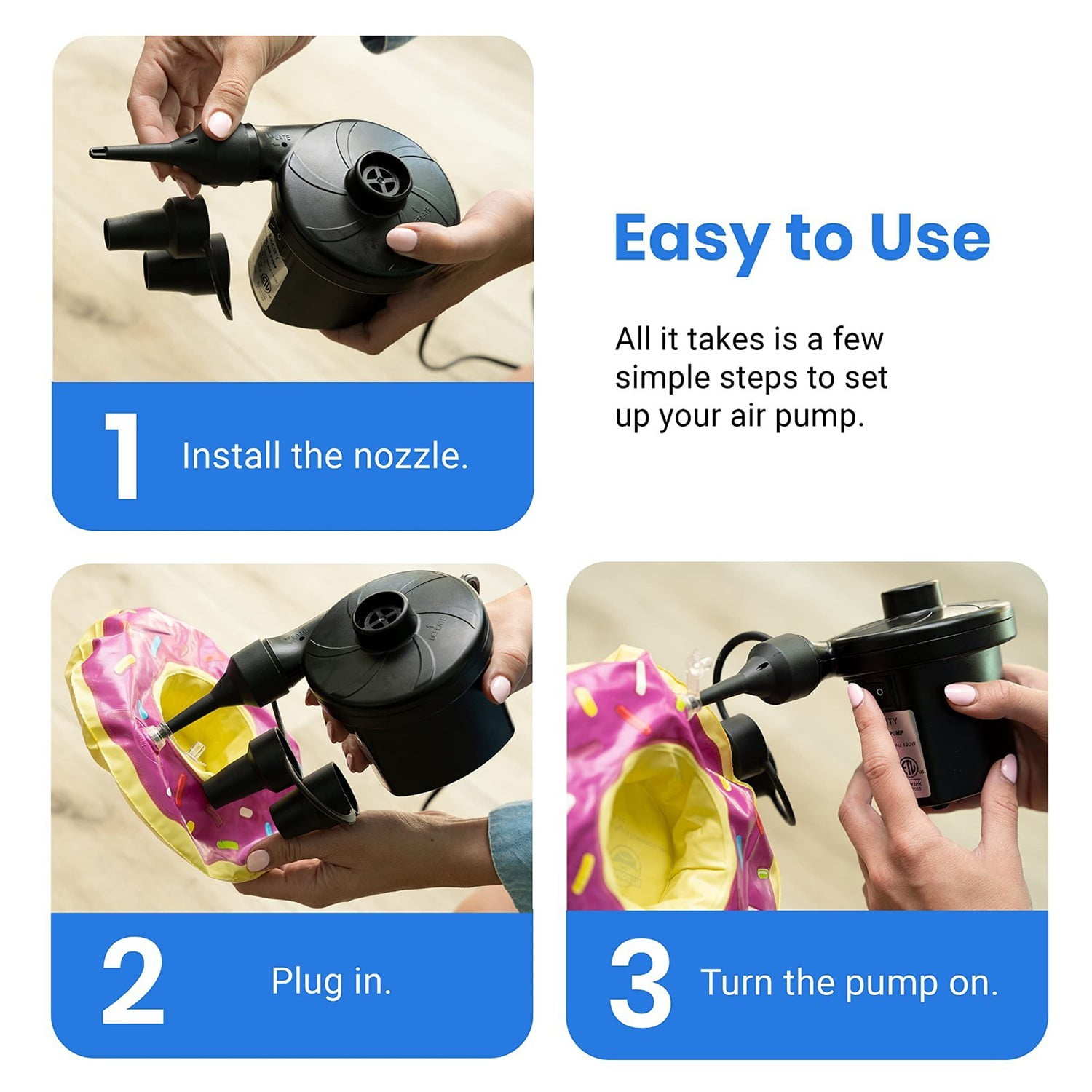 Cikuci Electric Air Pump Air Mattress Portable Pump for Inflatables Couch, Pool Floats, Blow up Pool Raft Bed Boat Toy, Quick-Fill AC Inflator Deflator with 3 Nozzles, One Size, Black