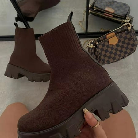 FLTHDD Women Woven Comfortable Ankle Boots Knit Sock BootChunky Block Stacked Mid Heel Booties Shoes Winter
