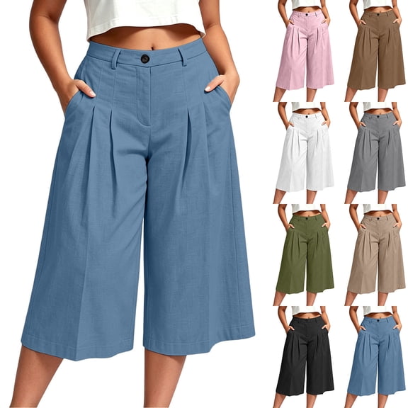 Women's Plus Size Solid Color Elastic Waist Cropped Pants, Pleated Loose Capri Trousers with Pockets, Relaxed Casual Four Season Bottoms for Daily Shopping | TruHer,Army Green L