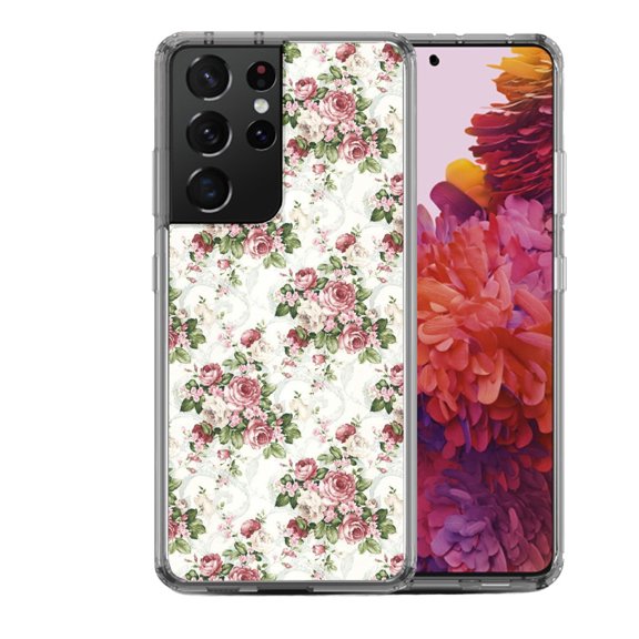 Shockproof Hybrid Bumper Phone Case for Samsung Galaxy S21 Ultra, by OneToughShield ® - Floral/Rose