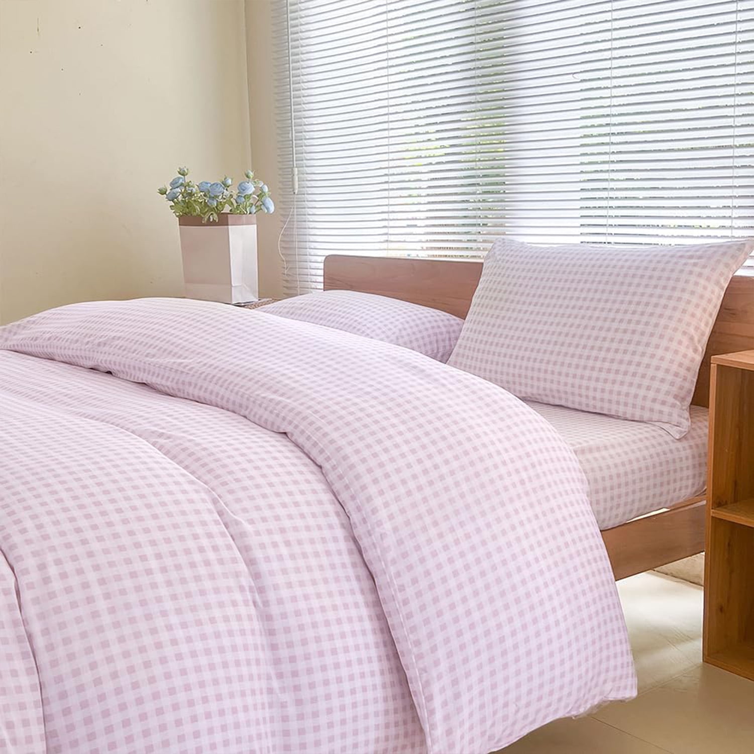 Pink Gingham King Duvet Cover Set, Pink Plaid Comforter Cover Set, 3 Pieces Checked Bedding Set (Pink Gingham, King)