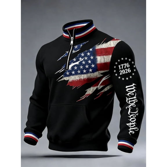 Men's 250 American Anniversary Half-Zip Sweatshirt, We The People Pullover Stand Collar Casual Athletic Sweatshirt with Pocket