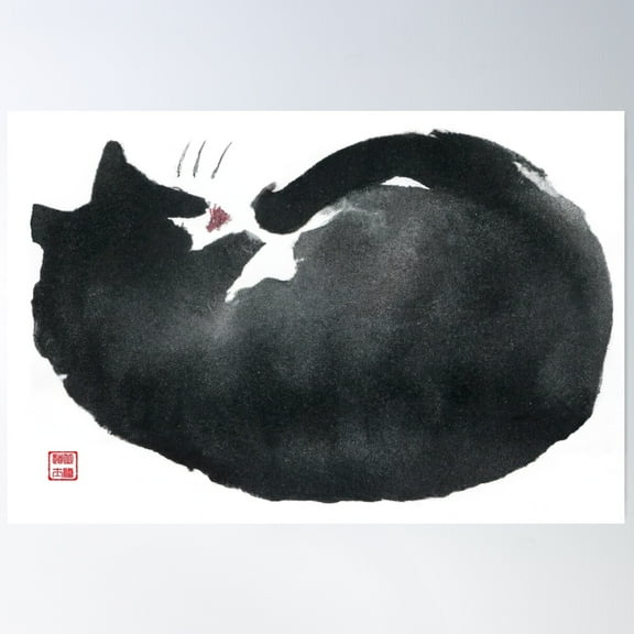 Sumi-E Japanese Ink Drawing, Sleeping Cat Poster Wall Art, Modern Wall Decor For Living Room Bedroom, 8x12 UNFRAMED