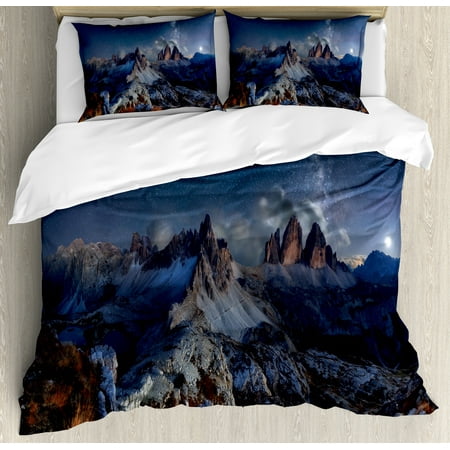 Dark Blue Bedding Night Duvet Cover Set, Dolomites Italy Alps Mountain Landscape with Starry Night Sky Milky Way, Decorative Bedding Set with Pillow Shams, Dark Blue Redwood Tan, by Ambesonne ()