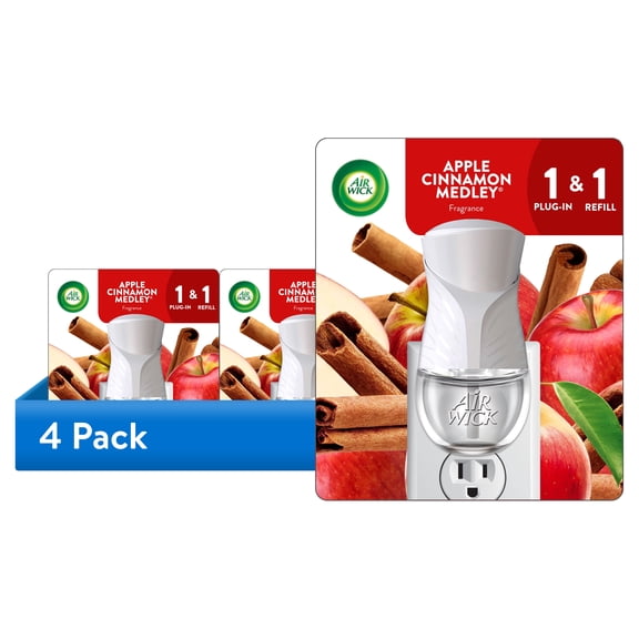 (4 pack) Air Wick Plug In Scented Oil Air Freshener, Apple Cinnamon Medley, 1 Warmer and 1 Refill