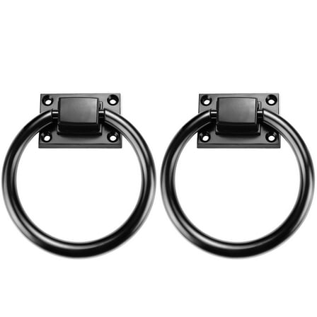 2 Packs 3.8" Black Round Ring Door Pull Handle with 8 Screws, Zinc Alloy Sliding Barn Door Handles, Outdoor Garage Gate Handle for Vintage Wooden Sheds Farmhouse Garden Hallway Closets Drawers