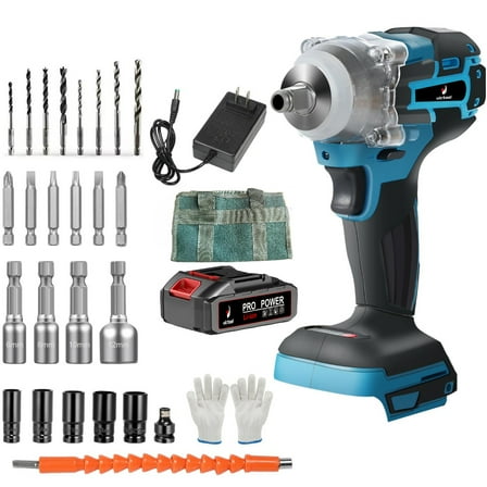 Encounter Brushless Cordless Impact Wrench, 21V 300Nm Power Tool Kit with Sockets, Drill and Driver Bits