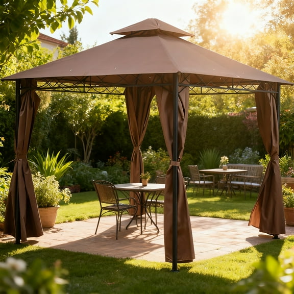BIQWBIC 10'x10' Gazebo Canopy, Heavy Duty Grill Gazebo with Double Roof & Privacy Curtains, Outdoor Steel Frame Patio Gazebo for Garden, Backyard, and Lawn (Brown)