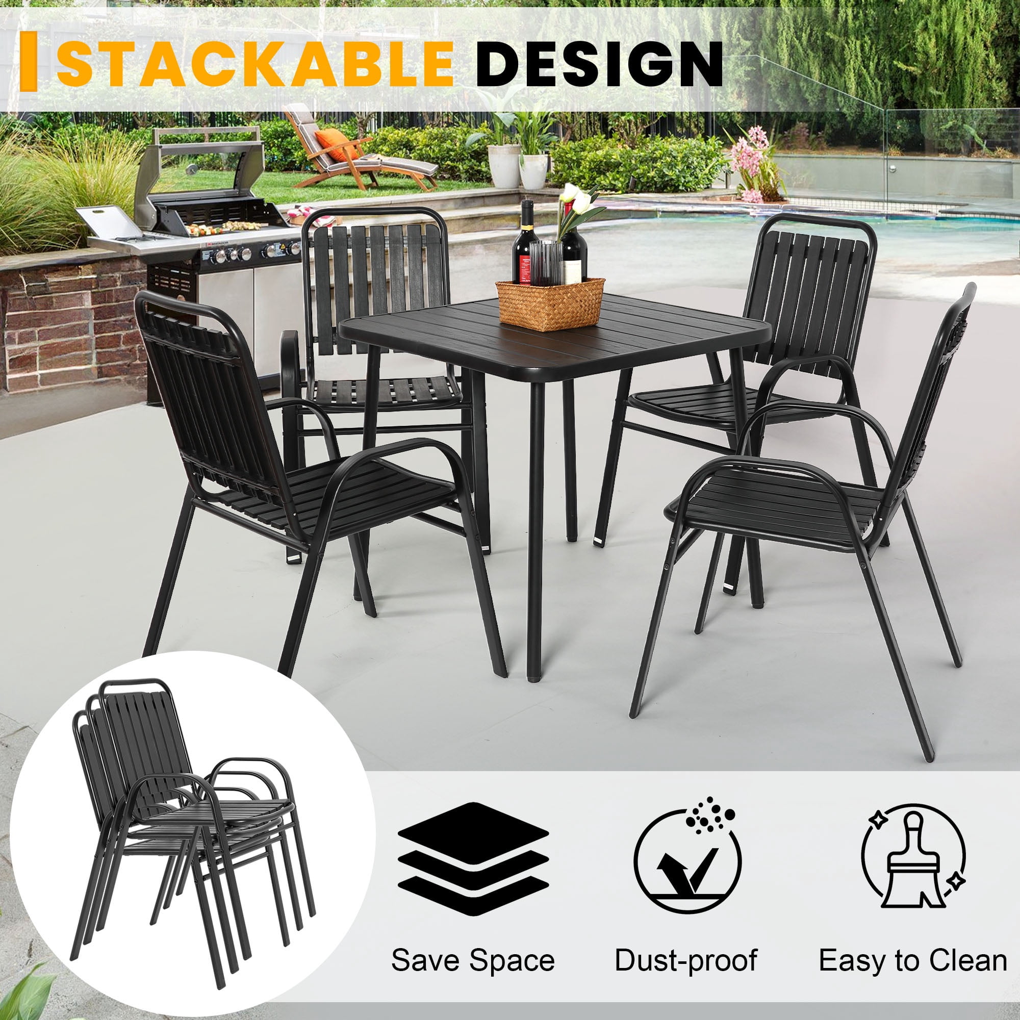 Clearance Outdoor Patio Dining Set for 4, Outdoor Furniture Plastic Table and Chairs, 5-piece Patio Set w/Square Table and Stackable Armchairs, Wood Grain Top, Heavy-duty Steel Frame, Black