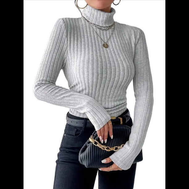 Camisetas de Larga con Cuello Alto para Mujer, de Otoño, con Forro Acanalado, Suaves y Térmicas. Gris XXL