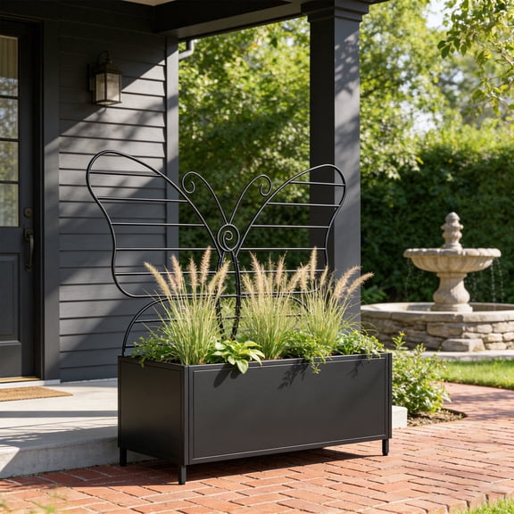 Raised Garden Bed, Elevated Metal Planter Box with Butterfly-Shaped Trellis,Black
