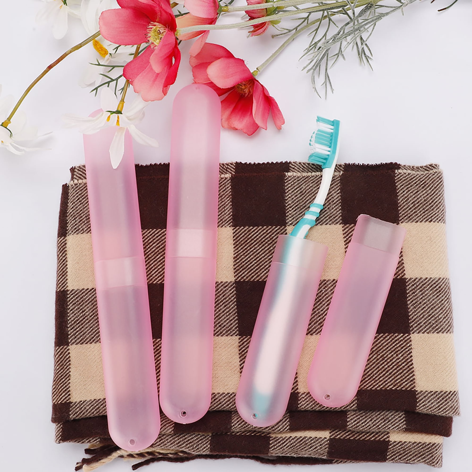 6pcs Pink Plastic Toothbrush Case Portable Traveling Camping Toothbrush
