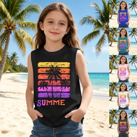 Tank Top Shirt for Kids Boys Girls Sunny Summer Tank Top Coconut Letter Gradient Print Beach Play Casual Sleeveless Tee For Girls Tops for Kids 14-15 Years