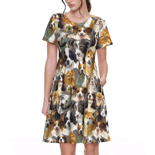 Disketp Cute Dog para Vestido de Manga Corta para Mujeres, Vestidos de Verano para Mujeres, Casual y Holgado para la Playa
