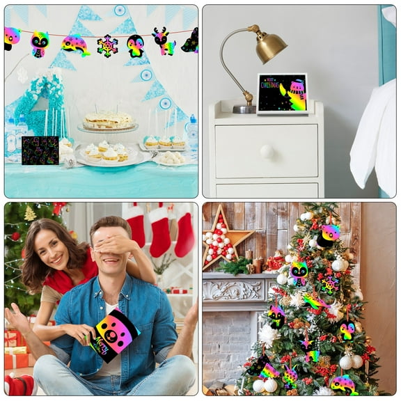 Haooryx Polar Animals Scratch Paper Art for WinterParty Christmas Tree Decoration ,Arctic Animals Rainbow Cards Black 72Pcs