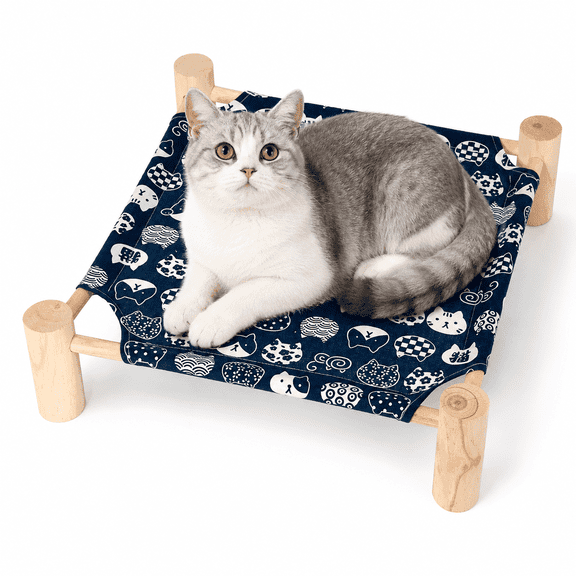 Elevated Cat Bed, Cat Pattern Wooden Frame Pet Cot, Breathable Mesh Hammock for Small Cats Dogs Indoor Outdoor, 1 Pack