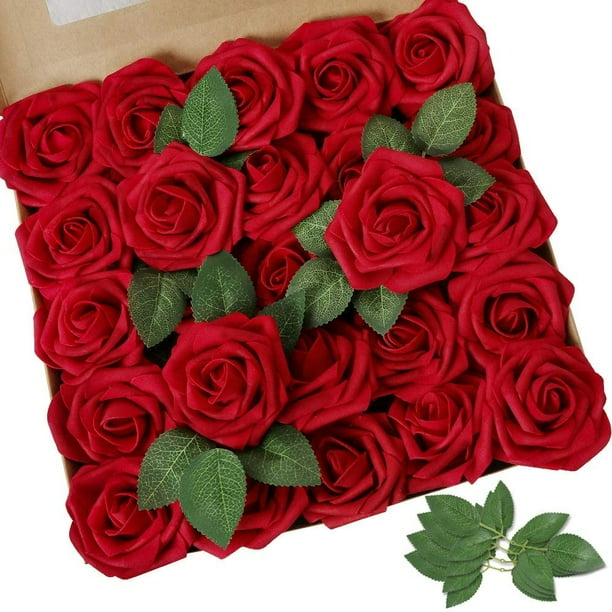 Artificial Flower Red Rose 25pcs/50pcs Real Looking Fake Roses W/Stem for DIY Wedding Bouquets