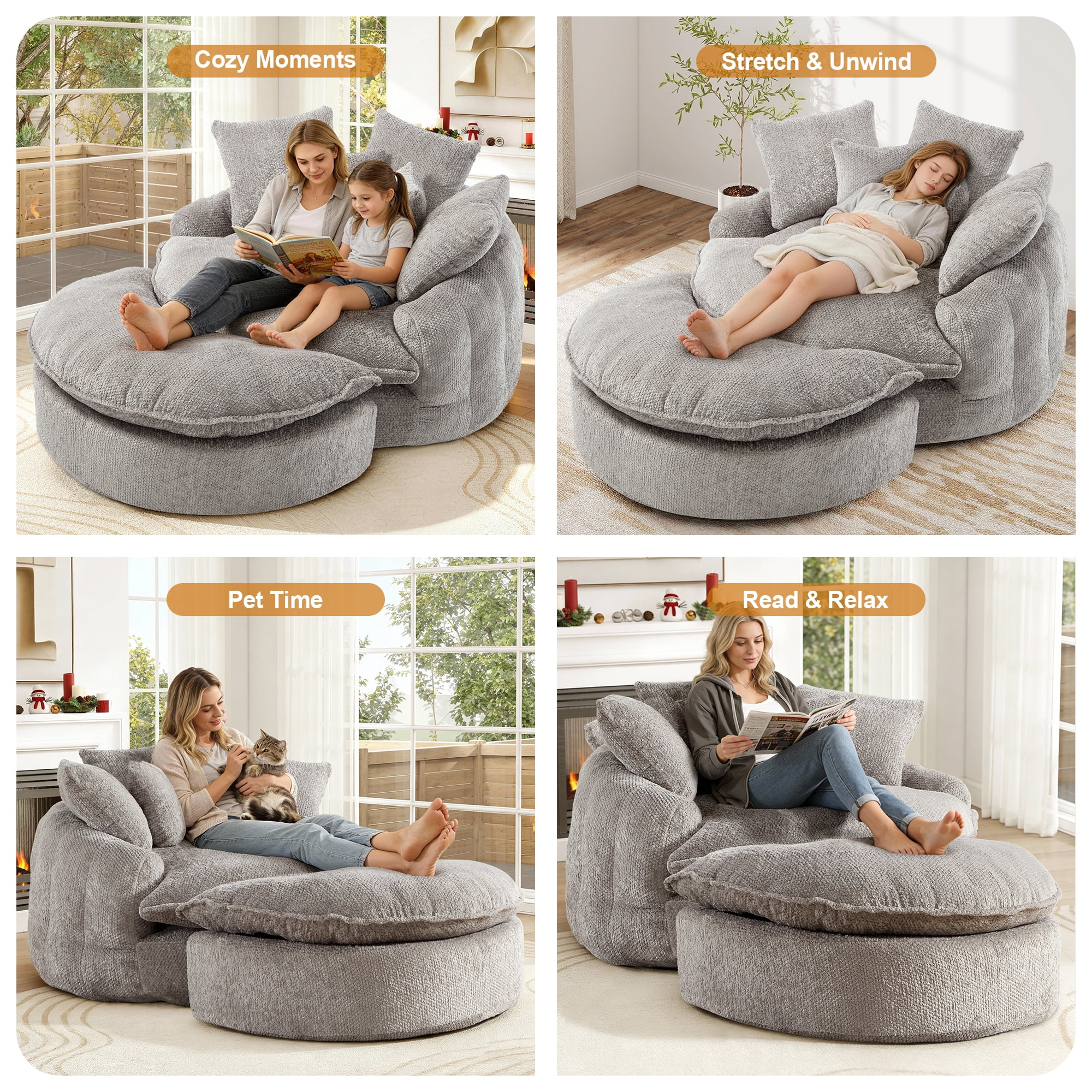 Aukfa 75" Oversized Round Chaise Lounge Chair with Half Moon Ottoman, Boneless Cloud Circle Deep Seat Sofa Set for Living Room, 5 Pillows, No Assembly Required, Light Gray